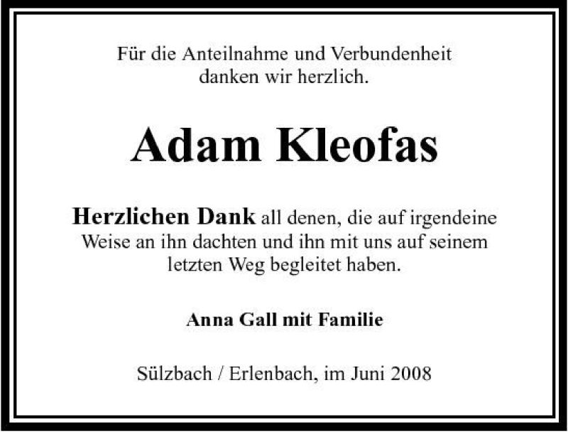  Traueranzeige für Adam Kleofas vom 07.06.2008 aus 