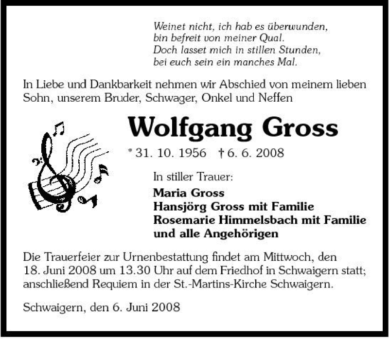  Traueranzeige für Wolfgang Gross vom 14.06.2008 aus 