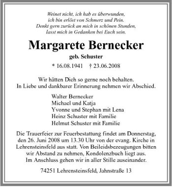 Traueranzeige von Margarete Bernecker 