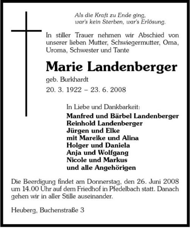  Traueranzeige für Marie Landenberger vom 24.06.2008 aus 