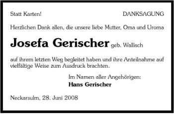 Traueranzeige von Josefa Gerischer 