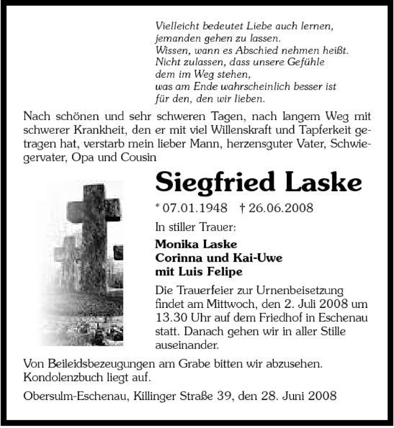  Traueranzeige für Siegfried Laske vom 28.06.2008 aus 