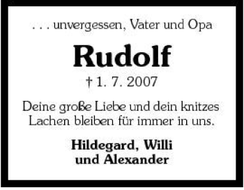 Traueranzeige von Rudolf Rudolf 