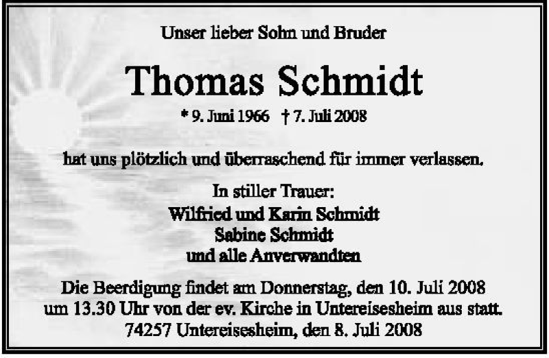  Traueranzeige für Thomas Schmidt vom 08.07.2008 aus 