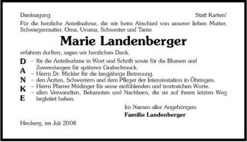 Traueranzeige von Marie Landenberger 