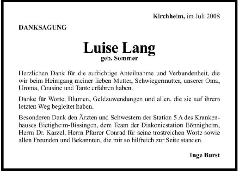  Traueranzeige für Luise Lang vom 10.07.2008 aus 
