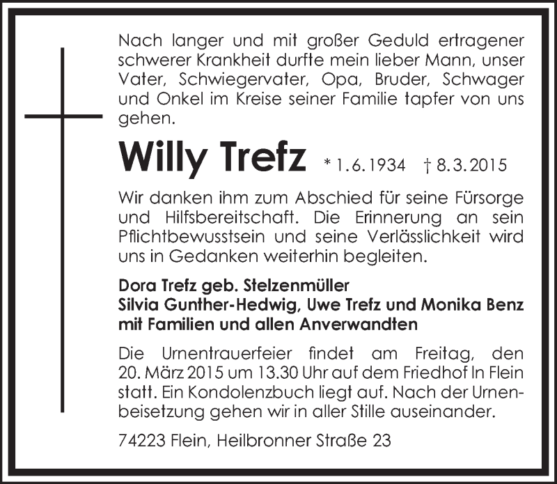  Traueranzeige für Willy Trefz vom 14.03.2015 aus 