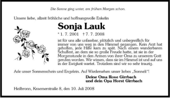 Traueranzeige von Sonja Lauk 