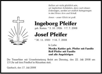 Traueranzeige von Ingeborg und Josef Pfeifer 