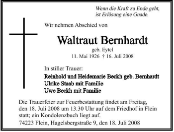 Traueranzeige von Waltraut Bernhardt 