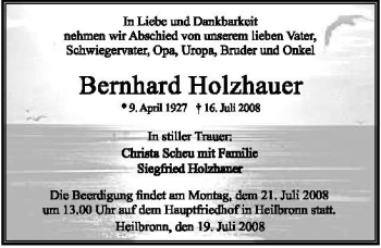 Traueranzeige von Bernhard Holzhauer 