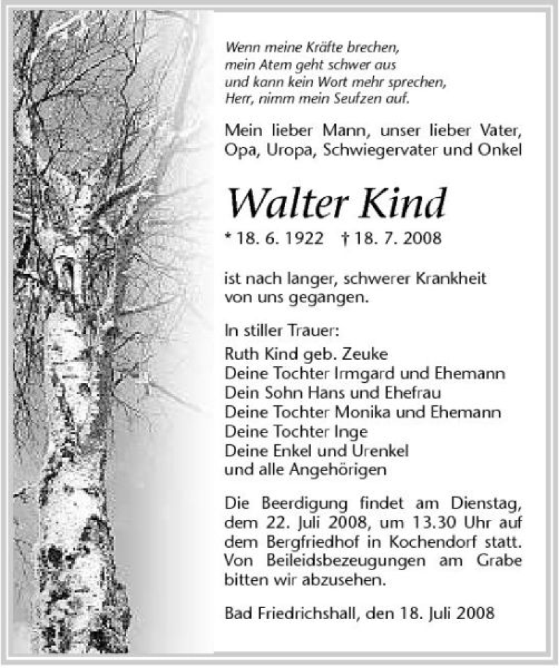  Traueranzeige für Walter Kind vom 19.07.2008 aus 