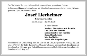 Traueranzeige von Josef Lierheimer 