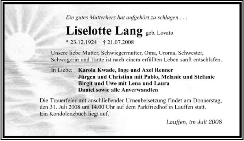  Traueranzeige für Liselotte Lang vom 26.07.2008 aus 