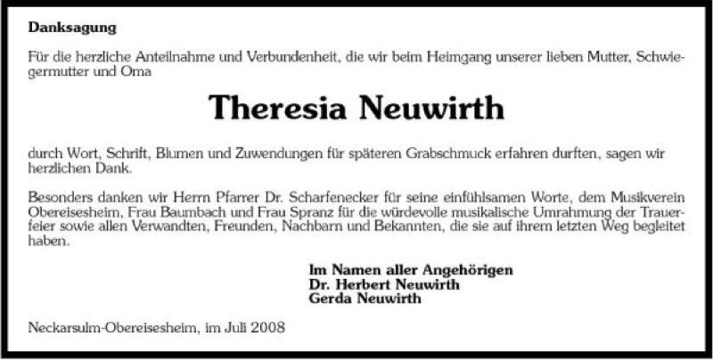  Traueranzeige für Theresia Neuwirth vom 26.07.2008 aus 
