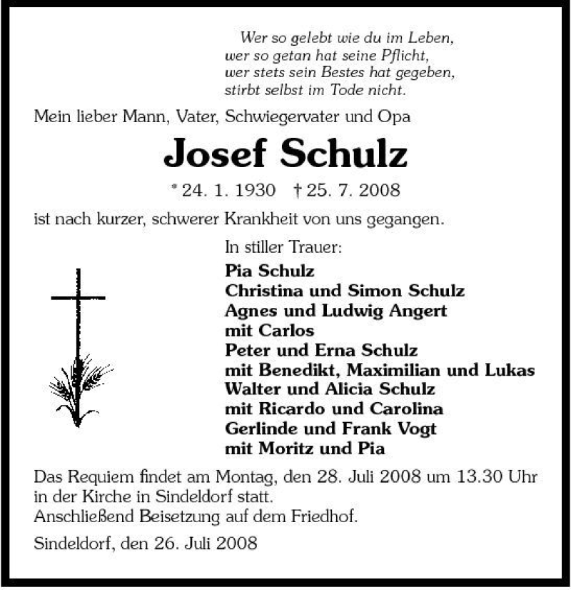  Traueranzeige für Josef Schulz vom 26.07.2008 aus 