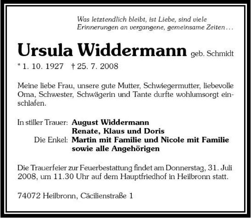  Traueranzeige für Ursula Widdermann vom 26.07.2008 aus 