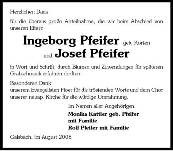 Traueranzeige von Ingeborg Josef Pfeifer 
