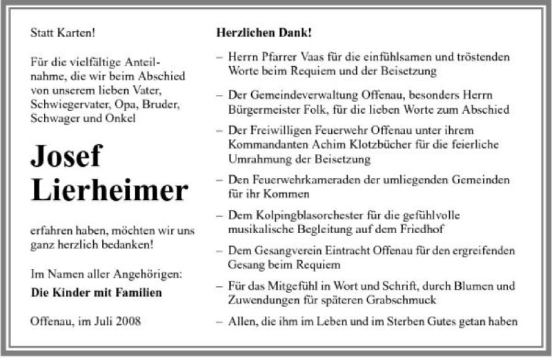  Traueranzeige für Josef Lierheimer vom 31.07.2008 aus 