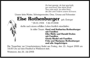 Traueranzeige von Else Rothenburger 
