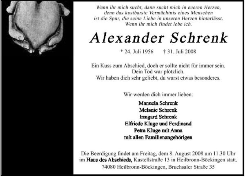  Traueranzeige für Alexander (Familie) Schrenk vom 06.08.2008 aus 