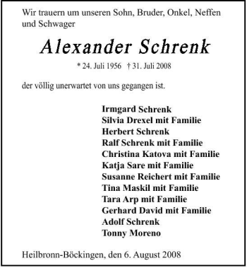 Traueranzeige von Alexander Schrenk 