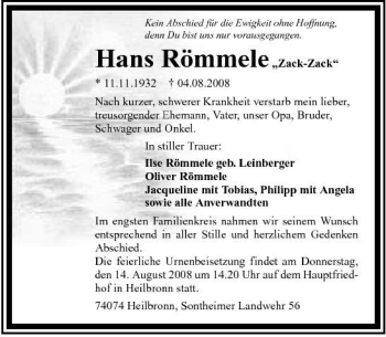 Traueranzeige von Hans Römmele 
