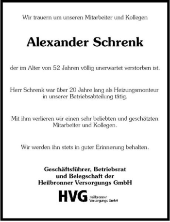 Traueranzeige von Alexander Schrenk 