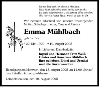 Traueranzeige von Emma Mühlbach 
