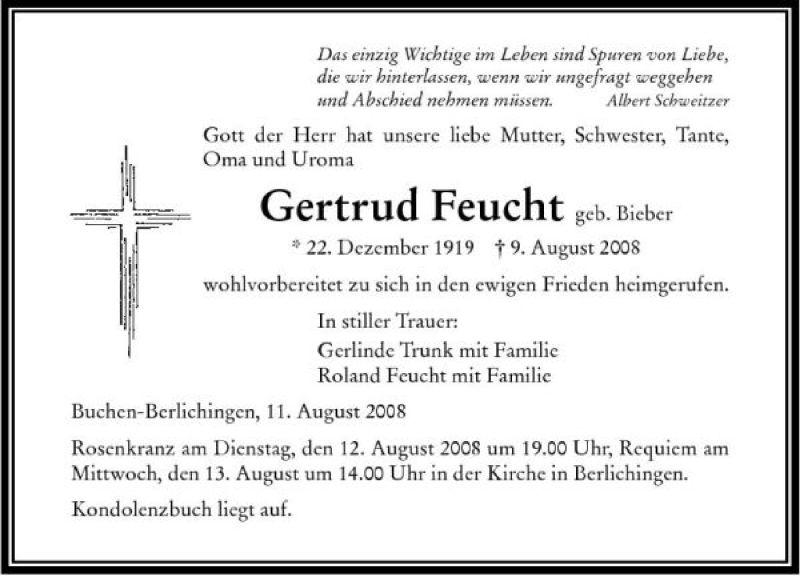  Traueranzeige für Gertrud Feucht vom 11.08.2008 aus 