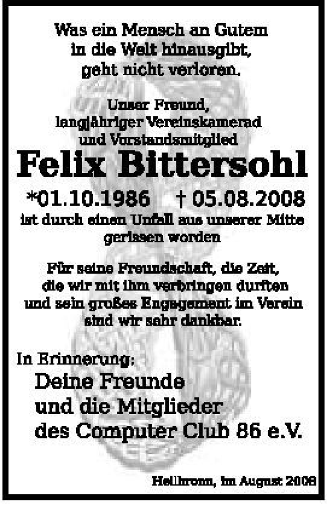  Traueranzeige für Felix Bittersohl vom 13.08.2008 aus 