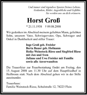 Traueranzeige von Horst Groß 