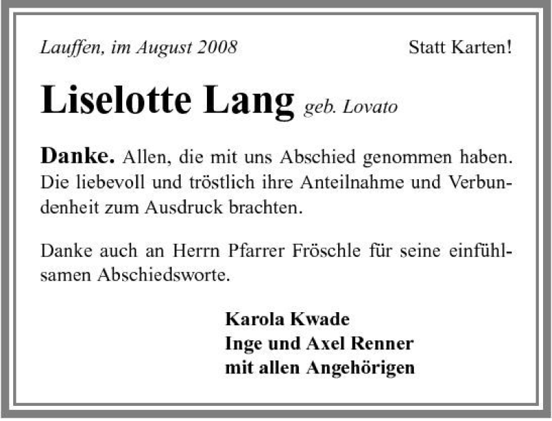  Traueranzeige für Liselotte Lang vom 15.08.2008 aus 