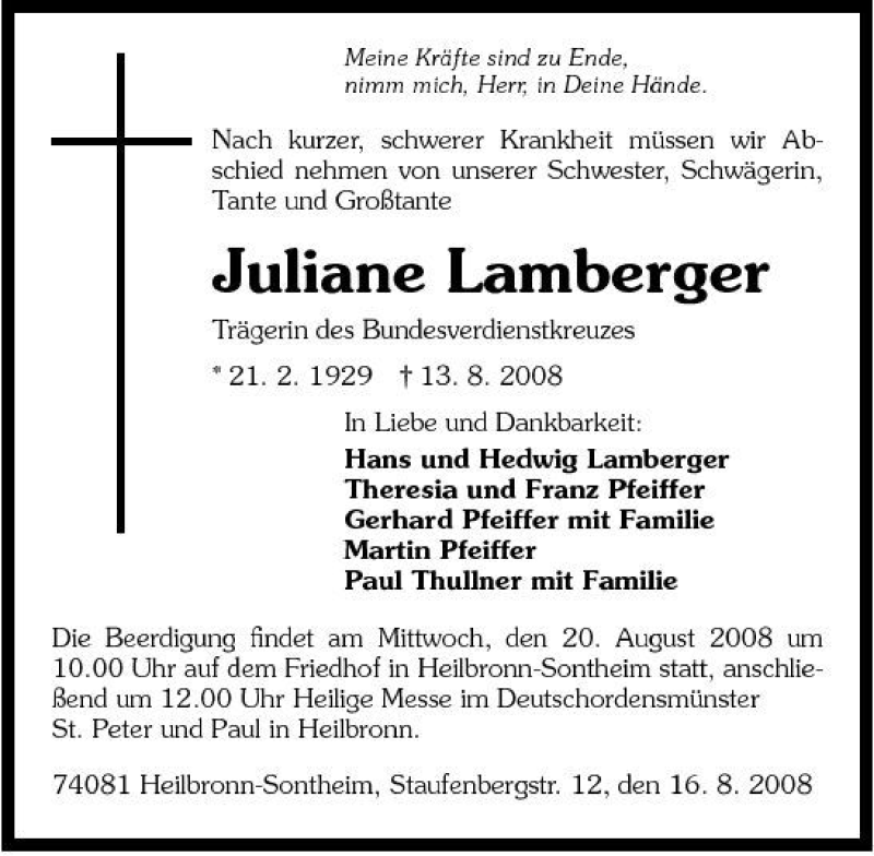  Traueranzeige für Juliane Lamberger vom 16.08.2008 aus 