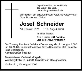 Traueranzeige von Josef Schneider 