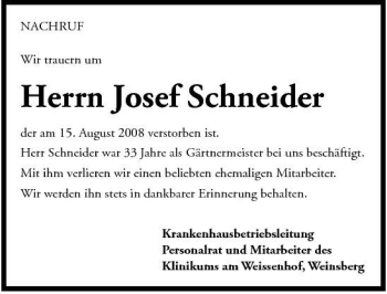 Traueranzeige von Josef 13482 Schneider 