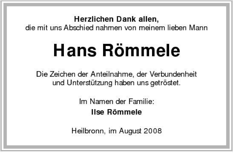  Traueranzeige für Hans Römmele vom 23.08.2008 aus 