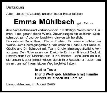 Traueranzeige von Emma Mühlbach 