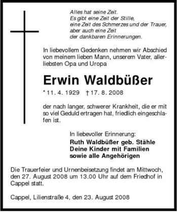 Traueranzeige von Erwin Waldbüßer 