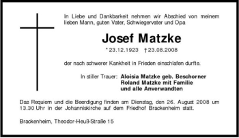 Traueranzeige von Josef Matzke 