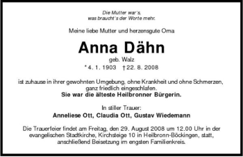 Traueranzeige von Anna Dähn 