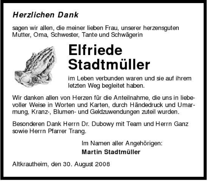  Traueranzeige für Elfriede Stadtmüller vom 30.08.2008 aus 