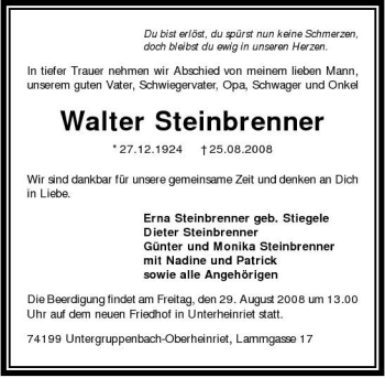 Traueranzeige von Walter Steinbrenner 