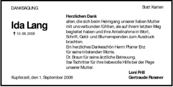 Traueranzeige von Ida Lang 