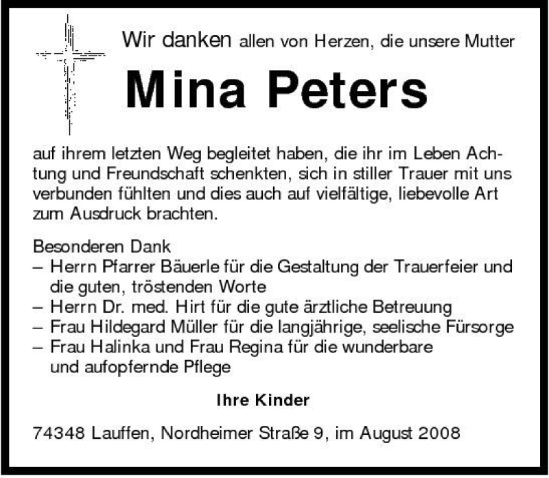  Traueranzeige für Mina Peters vom 04.09.2008 aus 