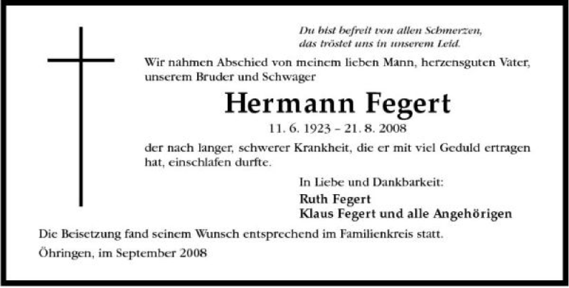  Traueranzeige für Hermann Fegert vom 03.09.2008 aus 