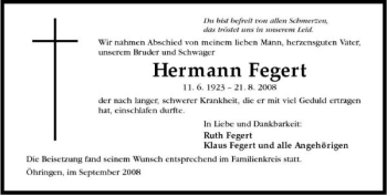 Traueranzeige von Hermann Fegert 