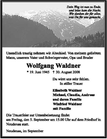 Traueranzeige von Wolfgang Waldner 