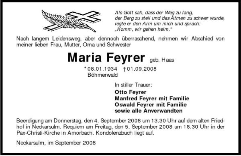  Traueranzeige für Maria Feyrer vom 03.09.2008 aus 
