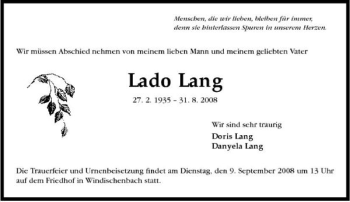 Traueranzeige von Lado Lang 